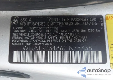 2006 BMW 650I z USA, uszkodzony, nr VIN WBAEK13486CN78338